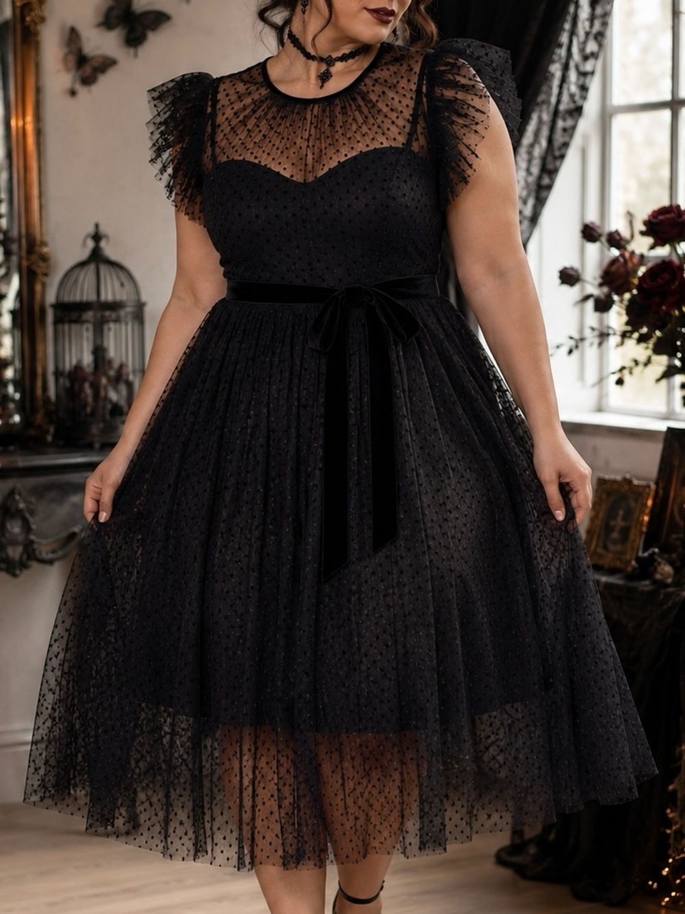 Jason Wu Black Tulle Midi Dress with Dotted Overlay